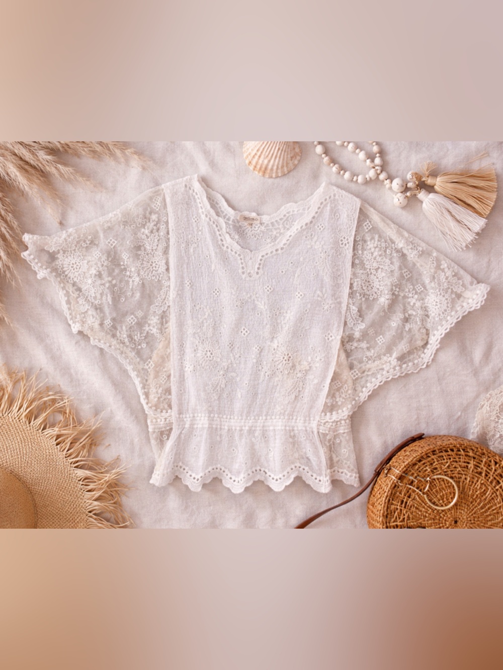 Natura White Lace Embroidered Cotton Top Boho Sheer Floral Size S/M